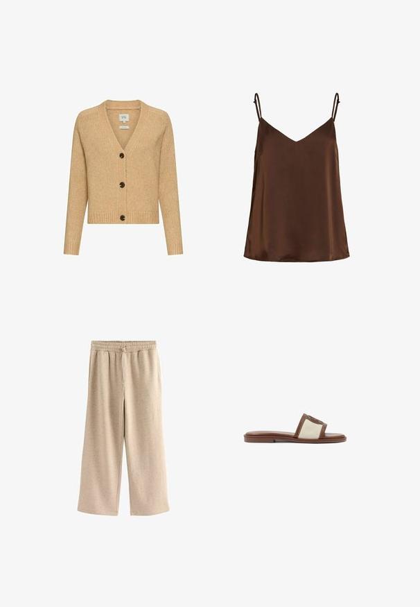 Beige uld-blandet cardigan med V-hals, lange ærmer og tre mørke knapper foran. Textureret strikdesign, cropped pasform.; Brun satin camisole-top med tynde, justerbare skulderstropper og V-udskæring, vist mod hvid baggrund.; Beige vide benbukser lavet af blødt stof, med en elastisk talje og snor, og en diskret prikket tekstur hele vejen igennem.; Brune læderslidesandal med en beige vævet overdel, flad sål og rund tå. Designet inkluderer en logoakcent på remmen.