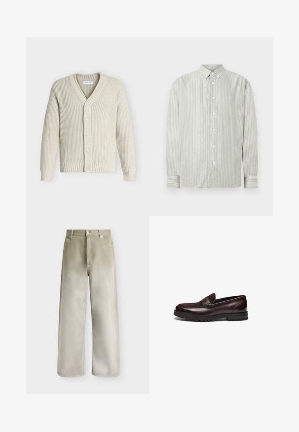 Off-white chunky strikket cardigan med V-hals, ribbet ærmeafslutning og kant samt forreste knaplukning med fem knapper.; Stribet skjorte i lys grå og hvid, med klassisk krave og lange ærmer med manchet detaljer. Blødt stof.; Beige og lysegrå jeans med vidde ben, forlommer, bæltestropper og knaplukning.; Brune læder loafers med en ruskindsdetalje, rund tå og tekstureret gummisål. Har syet detaljering og en let hæl.