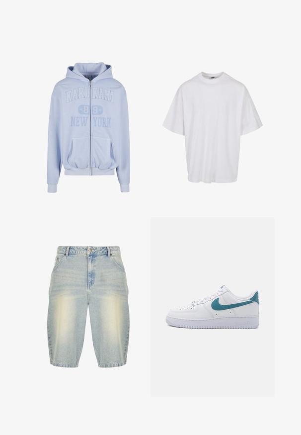 Hellblauer Hoodie mit Reißverschluss, "KARL KANI 89 NEW YORK" Aufdruck, Fronttaschen, elastischem Saum und Kapuze.; Weißes Baumwoll-T-Shirt mit Rundhalsausschnitt und kurzen Ärmeln, das eine lockere Passform und dezente Nähte aufweist.; Helle blaue Denim-Shorts mit einem verblassten Washed-Effekt, ausgestattet mit einem klassischen Five-Pocket-Design, Gürtelschlaufen und einem geraden Schnitt.; Nike Sportswear AIR FORCE ESSENTIAL - Sneaker low - white/smokey blue