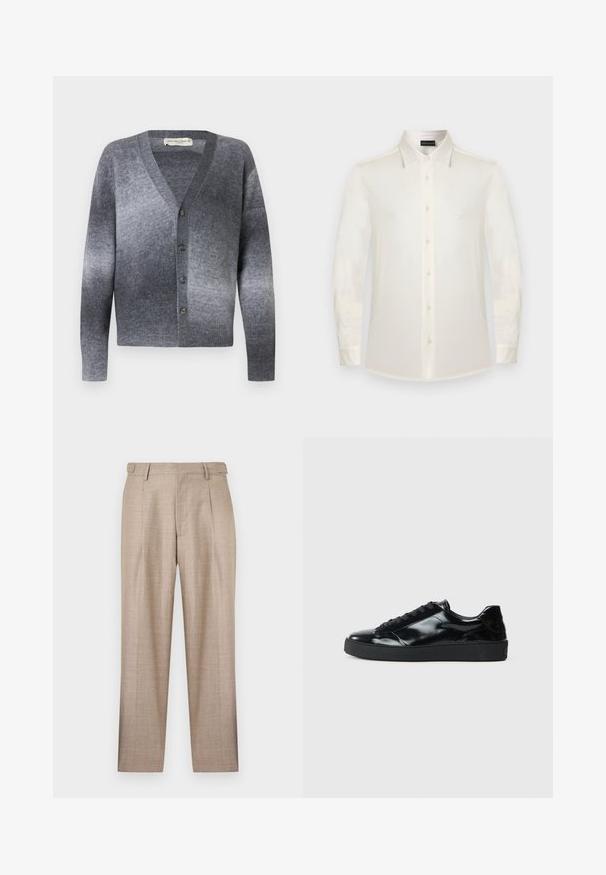 Grå gradient cardigan i myk ullblanding med dyp V-hals, seks knapper, ribbestrikkede mansjetter og kant. Glatt tekstur, ermer i mellomlang lengde.; Hvit skjorte med lange ermer og knapper, med klassisk krage og liten logoemblem på venstre bryst.; Beige skreddersydde bukser med frontfolder, beltehemper og rette ben, vist mot en hvit bakgrunn.; Sorte lakksko med avrundet tå, snøringer, teksturert gummisåle og glanset overflate.
