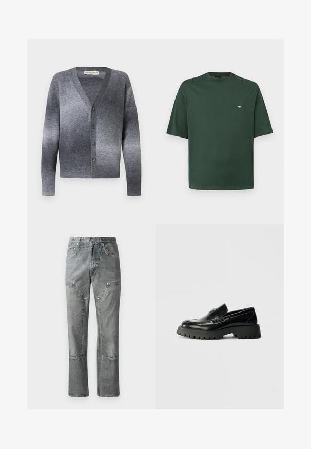 Gråt gradient cardigan i blød uldblanding med dyb V-hals, seks knapper, ribstrikkede ærmekanter og kant. Glat tekstur, ærmer i mellemlængde.; Mørkegrøn T-shirt med korte ærmer og rund hals, med lille hvidt logo på venstre bryst, vist på en ensfarvet lysegrå baggrund.; Grå denimjeans med lige pasform, der har frontlommer, synlige sømme og en falmet finish. Materialet har en glat overflade.; Sorte læder loafers med en kraftig, tekstureret gummisål, der har en forreste rem og en subtil logo detalje på hælen.