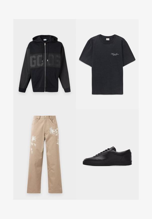 Sort lynlås-hættetrøje med stort "GCDS"-tryk på brystet, snørre i hætten og forlommer på en ensfarvet baggrund.; Sort kortærmet t-shirt med rund hals og lille hvidt "Filling Pieces" tekstlogo på venstre bryst.; Beige bomuldsbukser med lige ben, der har hvid blomsterbroderi foran og almindelige lommer.; Sort lavtstående lædersneaker med snørebånd foran og flad gummisål, vist fra siden på en ensartet hvid baggrund.