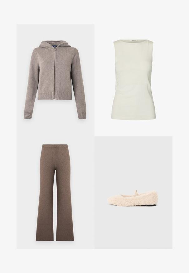 Grijze gebreide hoodie met geribbelde manchetten en zoom, voorzien van een rits aan de voorkant en een gestructureerde afwerking, ontworpen voor casual gebruik.; Mouwloze effen witte tanktop met een ronde halslijn, gemaakt van gladde stof, weergegeven op een witte achtergrond.; High waist bruine gebreide broek met brede pijpen en een geribde elastische tailleband, plat gelegd tegen een lichte achtergrond.; Pluizig, crèmekleurig slipper met een zachte textuur, ronde neus, minimalistisch ontwerp en een klein stoffen lusje aan de achterkant voor gemakkelijk aan- en uittrekken.