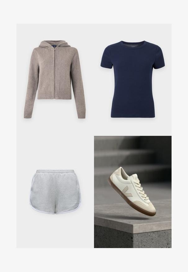Sweat à capuche gris en maille avec poignets et ourlet côtelés, doté d'une fermeture éclair frontale et d'une finition texturée, conçu pour un usage décontracté.; T-shirt à manches courtes en maille côtelée bleu marine avec encolure ronde et silhouette ajustée sur fond blanc.; Short de sport gris clair avec bordure blanche et taille élastique, posé à plat sur un fond blanc.; Baskets blanches et beige avec semelle gomme flottant au-dessus d'une surface en béton gris avec des escaliers flous en arrière-plan.