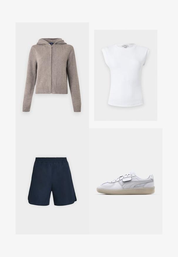 Sweat à capuche gris en maille avec poignets et ourlet côtelés, doté d'une fermeture éclair frontale et d'une finition texturée, conçu pour un usage décontracté.; Haut blanc sans manches côtelé avec épaules rembourrées et col rond, taille petite, étiquette de marque Topshop à l'intérieur du col.; Shorts de sport bleu marine avec taille élastique et fentes latérales, présentés à plat sur un fond clair uni.; Baskets blanches en cuir avec des accents gris, fermeture à lacets et semelle en caoutchouc texturée. Présente un logo bien en vue sur le côté.
