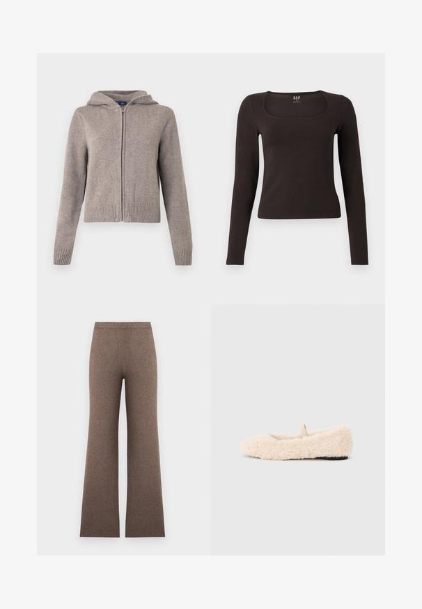 Sweat à capuche gris en maille avec poignets et ourlet côtelés, doté d'une fermeture éclair frontale et d'une finition texturée, conçu pour un usage décontracté.; Haut noir à manches longues, ajusté, avec un décolleté carré, étiqueté GAP, affiché sur un fond blanc.; Pantalon en maille marron taille haute avec une coupe large aux jambes et une taille élastique côtelée, présenté à plat sur un fond clair.; Chausson doux, de couleur crème, avec une texture moelleuse, un bout arrondi, un design minimal et une petite boucle en tissu à l'arrière pour un enfilage facile.