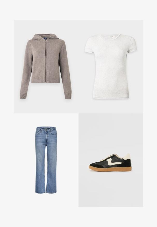 Sudadera con capucha gris de punto con puños y dobladillo acanalados, con cremallera frontal y acabado texturizado, diseñada para uso casual.; Camiseta ajustada de manga corta en color gris claro liso con cuello redondo sobre un fondo neutro.; Jeans de mezclilla azul de tiro alto y pierna recta con cierre de botón en la parte delantera, cremallera y diseño de cinco bolsillos.; Zapatillas de deporte de ante y cuero negro con un swoosh lateral en crema y un talón en crema claro. Presenta cordones beige y una suela de goma marrón.