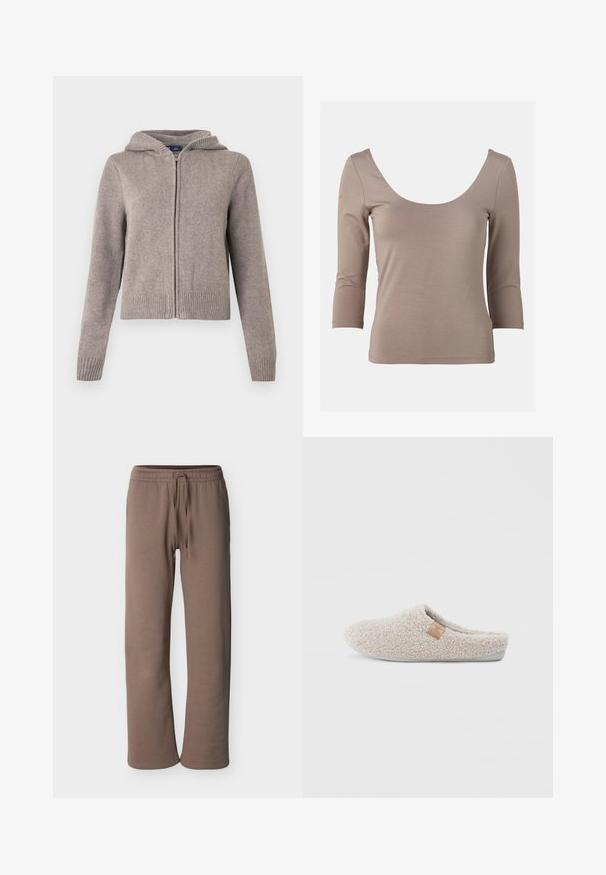Sweat à capuche gris en maille avec poignets et ourlet côtelés, doté d'une fermeture éclair frontale et d'une finition texturée, conçu pour un usage décontracté.; Haut ajusté en tissu beige doux, avec un décolleté large en forme de bateau et des manches trois-quarts, présentant une texture lisse et sans motifs visibles.; Pantalon de survêtement à taille élastique marron avec cordon de serrage, jambes droites et coupe décontractée, présenté sur un fond clair uni.; Chausson beige avec un extérieur texturé et duveteux, design à enfiler, et une petite étiquette en cuir sur le côté. Doublure douce et semelle en caoutchouc.