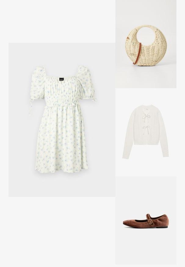 Cárdigan recortado color crema con textura de punto de cable, que presenta un cierre atado envolvente y mangas largas. Material suave y tejido.; Vestido blanco con estampado floral azul, escote cuadrado, mangas abullonadas elásticas, cintura fruncida y dobladillo a la altura de la rodilla. Tejido ligero.; Bianco Mary Jane shoes BIALILJA - Bailarinas con hebilla - dark brown; Bolso redondo trenzado en paja natural con un acabado texturizado. Presenta una correa de cuero marrón suave y un asa circular.