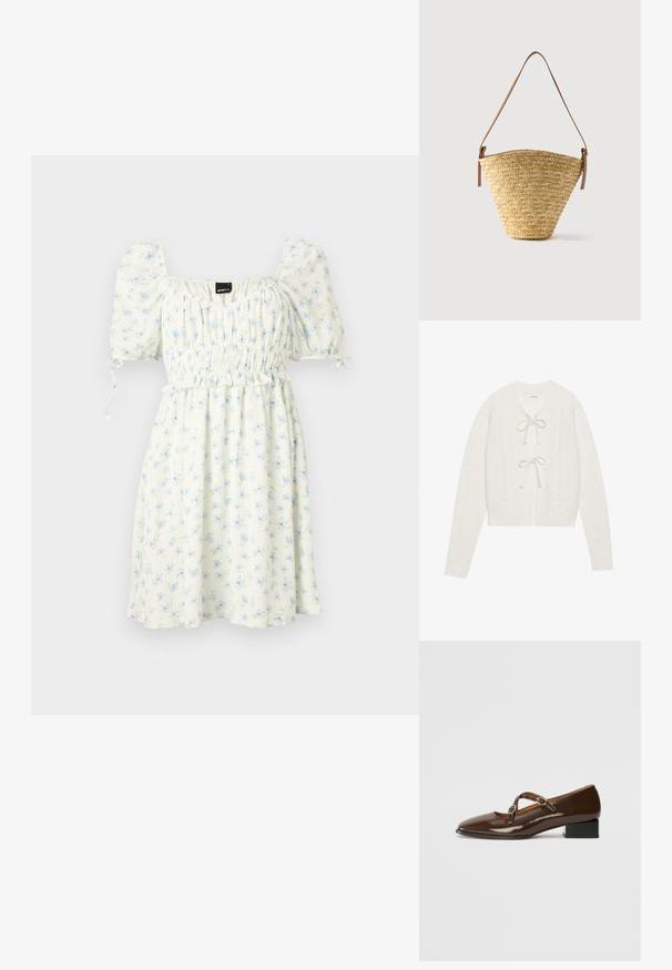 Cárdigan recortado color crema con textura de punto de cable, que presenta un cierre atado envolvente y mangas largas. Material suave y tejido.; Vestido blanco con estampado floral azul, escote cuadrado, mangas abullonadas elásticas, cintura fruncida y dobladillo a la altura de la rodilla. Tejido ligero.; Zapatos Mary Jane de charol marrón con punta cuadrada, dos correas ajustables adornadas con hebillas metálicas redondas y un bajo tacón cuadrado.; Bolso tipo cubo de paja tejido con base ancha, parte superior estrecha y correa de hombro ajustable de cuero marrón.