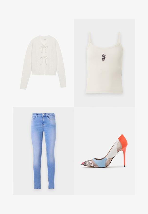 Cremefarvet kort cardigan med kabelstrikstruktur, der har en indviklet båndlukning og lange ærmer. Blødt, strikket materiale.; Hvid ribbet tanktop med spaghetti stropper og et lille sort broderet dragedesign centreret på brystet.; Lyseblå skinny jeans med en falmet vask, der har et fem-lomme design, frontknaplukning og en ren kant.; Højhælet sko med spids tå, med et mesh-øvre, blå ruskind, hvid tekstureret accent og en orange hæl. Mønstret tåhætte.