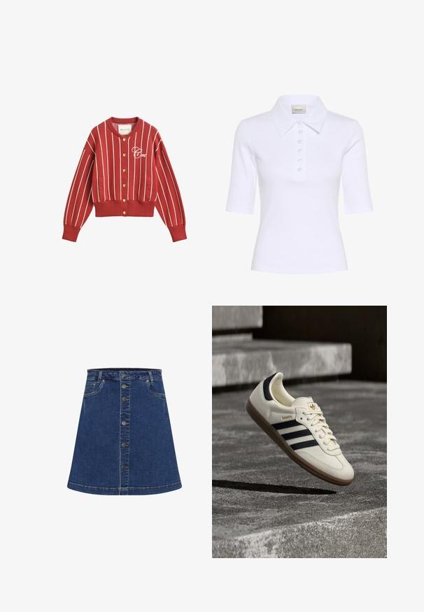 Rød cardigan med knapper og hvide lodrette striber, ribkant ved ærmer og bund, sidelommer og hvidt broderet mærkelogo på brystet.; Hvid polo med ribbet struktur, korte ærmer og knappet stolpelukning. Har et diskret brandlogo på fronten.; Mørkeblå denim A-line nederdel med knaplukning foran og kontrastsyet. Har to sidelommer og en linning over knæet.; Hvid Adidas Samba sneaker med sorte striber og gummsål, svævende over teksturerede grå betonstrin.