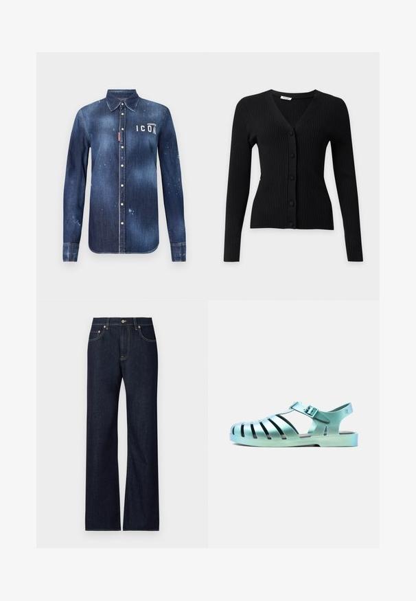 Cárdigan negro acanalado de manga larga con escote en V y cinco botones forrados de tela en la parte delantera.; Camisa de denim en azul oscuro, con un diseño de botones, desgarros preservados, acentos desgastados y texto blanco "ICON" en el pecho.; Jeans de mezclilla azul oscuro con un diseño de pierna recta, que cuentan con cinco bolsillos, costuras amarillas contrastantes y un cierre de botón de metal.; Sandalia metálica azul claro con punta cerrada, correa ajustable con hebilla y ranuras laterales abiertas para ventilación y comodidad.