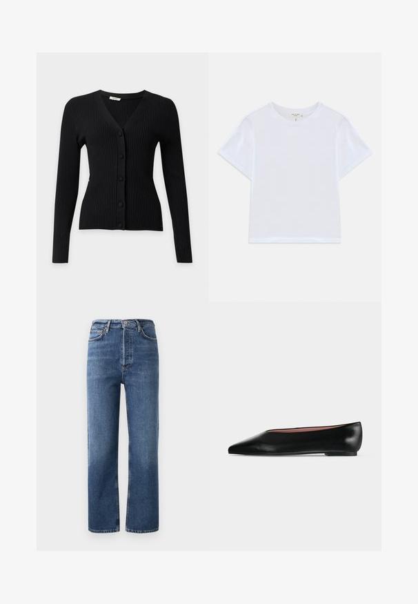 Sort ribbet cardigan med lange ærmer, V-hals og fem stofbetrukne knapper foran.; Hvid cropped t-shirt lavet af blødt bomuld, med rund hals og korte ærmer og en let løs pasform. Ingen mønstre eller accenter.; Høj talje denim jeans i blå, med lige ben, fem lommer og hardware i kobberfarve. Glat tekstur og klassisk design.; Sort damesko i læder med flad hæl og spids tå, vist fra siden på en ensfarvet lys grå baggrund.