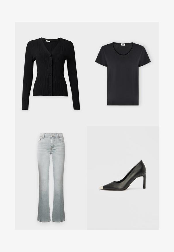 Cardigan noir côtelé à manches longues avec col en V et cinq boutons recouverts de tissu à l'avant.; T-shirt noir uni à manches courtes avec col rond et petite étiquette de marque blanche à l'intérieur du col.; Jean flare bleu clair à taille haute, fabriqué en denim. Comprend une fermeture par bouton, cinq poches, et un délavage subtil pour la texture.; Chaussure à talon haut en cuir noir avec bout pointu et capuchon argenté métallique. Présente une finition lisse et un talon fin de 10 cm.