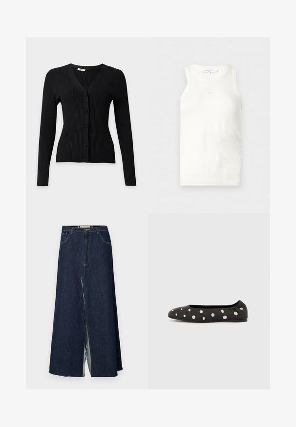 Zwart geribd vest met lange mouwen, V-hals en vijf met stof beklede knopen aan de voorkant.; Witte geribbelde mouwloze top met een ronde halslijn en een klein geborduurd vosdetail onder de kraag, gelabeld Maison Kitsuné.; Donkerblauwe denim lange rok met een split aan de voorkant. Bevat een traditionele vijf-pocket ontwerpelement en zichtbare stikselaccenten. De zoom is rafelig.; Zwarte ballerina met elastische achterkant en verspreide grote zilveren ronde studs op de bovenzijde, in profiel weergegeven tegen een witte achtergrond.