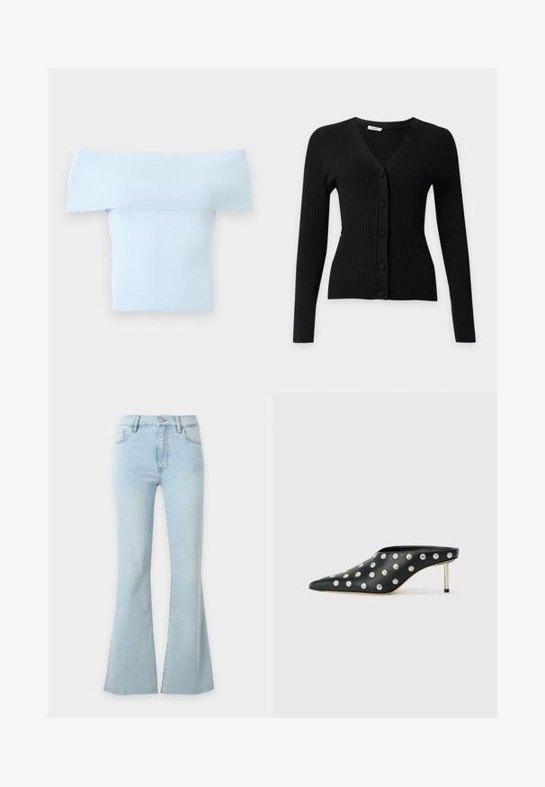 Cardigan noir côtelé à manches longues avec col en V et cinq boutons recouverts de tissu à l'avant.; Haut bleu clair en tricot côtelé, épaules dénudées, avec un large col replié et un corps ajusté, sur un fond uni.; Jean en denim bleu clair taille haute avec jambes évasées, fermeture par bouton et fermeture éclair, poches avant et arrière.; STAND STUDIO KELSEY - Mules à talons - black