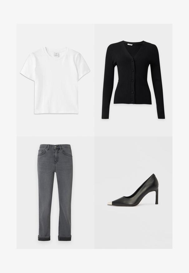 Cardigan noir côtelé à manches longues avec col en V et cinq boutons recouverts de tissu à l'avant.; T-shirt en coton blanc avec un col rond, des manches courtes et un ourlet droit. Étiquette marquée "Won Hundred" au centre de l'encolure.; Jeans en denim gris foncé pour homme avec poches avant et arrière, fermeture à bouton, et revers de manches retroussées sur un fond clair uni.; Chaussure à talon haut en cuir noir avec bout pointu et capuchon argenté métallique. Présente une finition lisse et un talon fin de 10 cm.