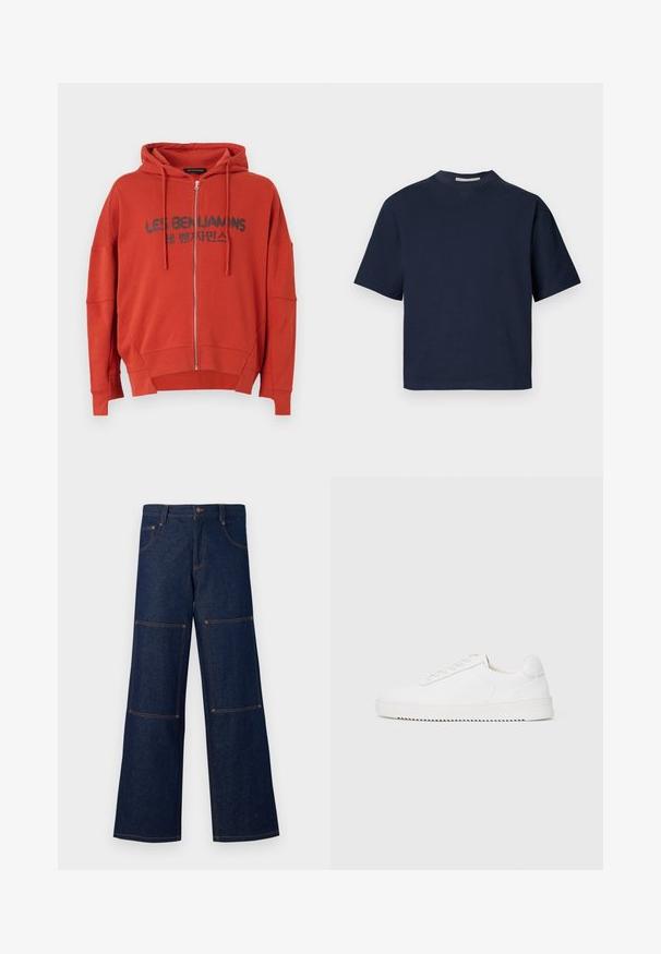 Les Benjamins RELAXED ZIP HOODIE - Sweatjacke - burnt crimson; Marineblaues Kurzarm-T-Shirt mit V-Ausschnitt, aus weichem Material, mit lockerer Passform und minimalistischem Design, ohne sichtbare Muster oder Beschläge.; Dunkelblaue Denim-Hosen mit weit geschnittenem Bein und kontrastierender orangefarbener Naht, die große aufgesetzte Taschen an jedem Bein und einen Knopfverschluss an der Taille aufweisen.; Weißer Sneaker mit einem Obermaterial aus glattem Leder, abgerundetem Zehenbereich, Schnürsenkeln, strukturierten seitlichen Akzenten und einer dicken Gummisohle. Minimalistisches Design.