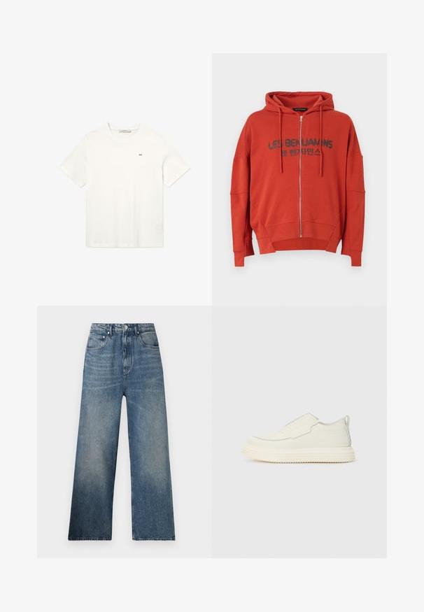 Les Benjamins RELAXED ZIP HOODIE - Sweatjakke - burnt crimson; Hvid bomulds T-shirt med korte ærmer, rund halsudskæring og et lille sort logo på brystet. Simpelt, uudsmykket design.; Blå denim bredbenede jeans med høj talje, subtilt slid, fem lommer og metalknaplukning foran.; Slip-on sneaker i off-white tekstureret materiale med en tyk, rillet sål. Har minimale sømme og et subtilt lysblåt accent.