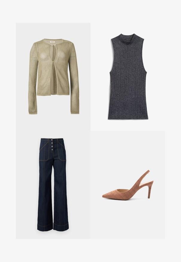 Cardigan beige en maille, manches longues, ouverture devant, avec un tissage léger en forme de filet et un col rond sur fond uni.; Haut sans manches en laine côtelée de couleur gris foncé avec une texture scintillante. Présente un col montant et des côtés ouverts pour un design contemporain.; Pantalons larges en denim foncé à taille haute, fermeture à cinq boutons à l'avant et couture dorée contrastante. Dispose de grandes poches avant.; Escarpin slingback en daim marron à bout pointu avec un talon stiletto de hauteur moyenne et un motif matelassé subtil sur fond blanc.