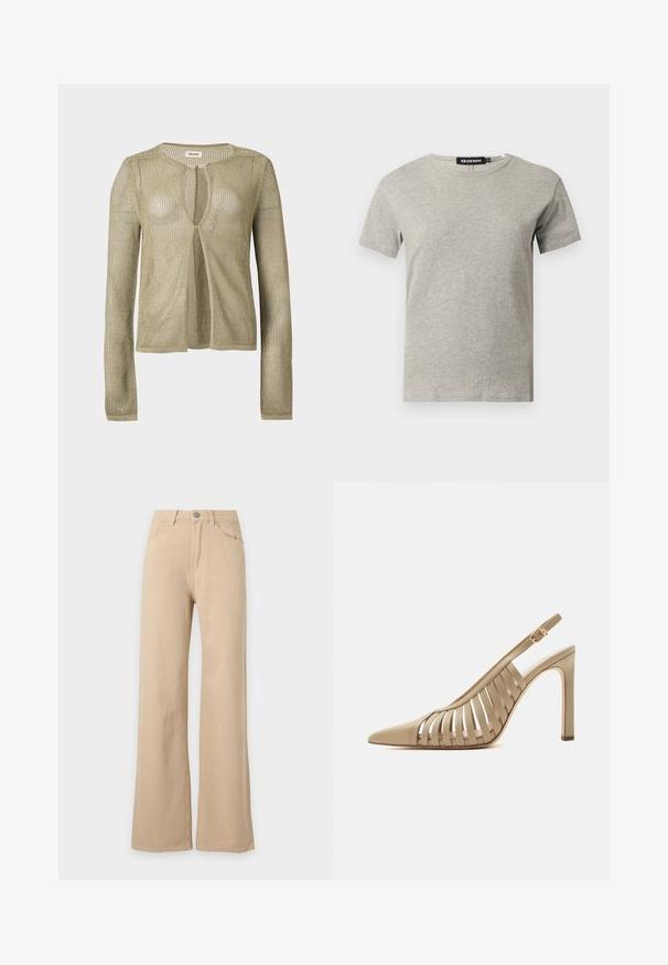 Cardigan beige en maille, manches longues, ouverture devant, avec un tissage léger en forme de filet et un col rond sur fond uni.; T-shirt en coton gris clair à manches courtes et col rond avec une étiquette noire visible à l'intérieur du col indiquant "DENIM" et la taille "S."; Pantalon beige taille haute, jambes larges, fermeture à boutons devant, poches avant et arrière, présenté sur fond blanc.; Chaussure slingback beige à talon haut, à bout pointu et à design de bride ajourée, avec une boucle dorée sur la bride de la cheville.