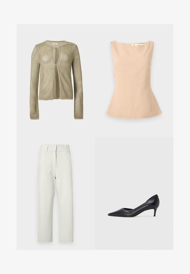 Cardigan beige en maille, manches longues, ouverture devant, avec un tissage léger en forme de filet et un col rond sur fond uni.; Haut sans manches beige pour femme avec encolure bateau, taille cintrée et ourlet légèrement évasé sur un fond gris clair.; Pantalon beige clair à jambes droites avec une texture lisse, doté d'une ceinture plate, de passants pour ceinture et de deux poches avant.; Escarpin en cuir noir avec un bout pointu et un talon bas. Présente une texture lisse et un éclat subtil. Découpe ouverte à l'avant pour un détail supplémentaire.