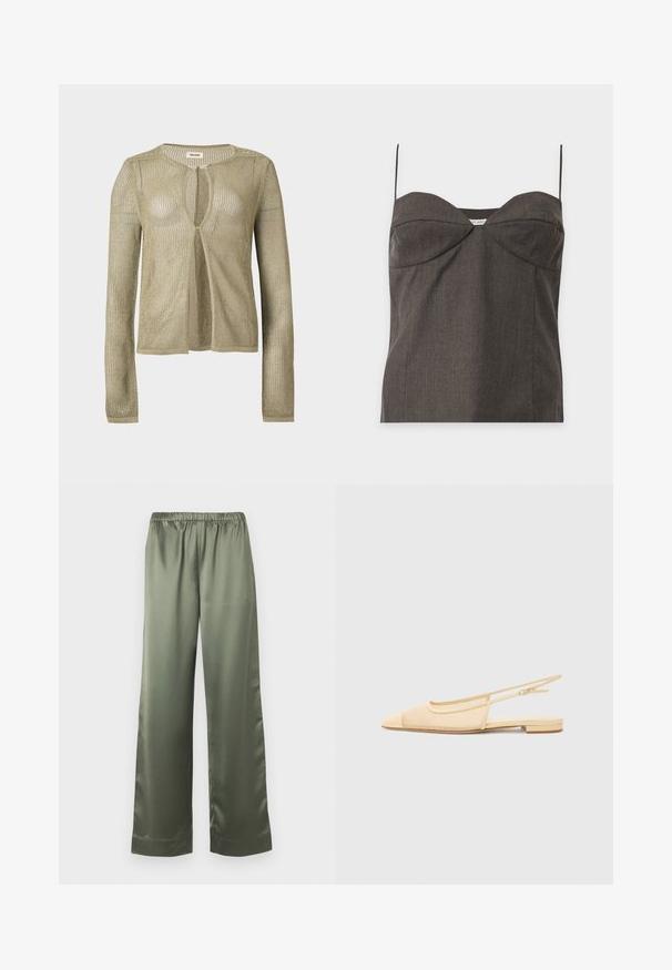 Cardigan beige en maille, manches longues, ouverture devant, avec un tissage léger en forme de filet et un col rond sur fond uni.; Haut bustier gris foncé sans bretelles avec fines bretelles spaghetti et détails subtils de coutures sur fond blanc.; Pantalon ample en satin vert olive avec une taille élastique et des jambes larges et droites.; Chaussure plate slingback en beige clair avec une tige en maille, un bout pointu et un petit talon. Dotée d'une sangle ajustable pour un bon maintien.