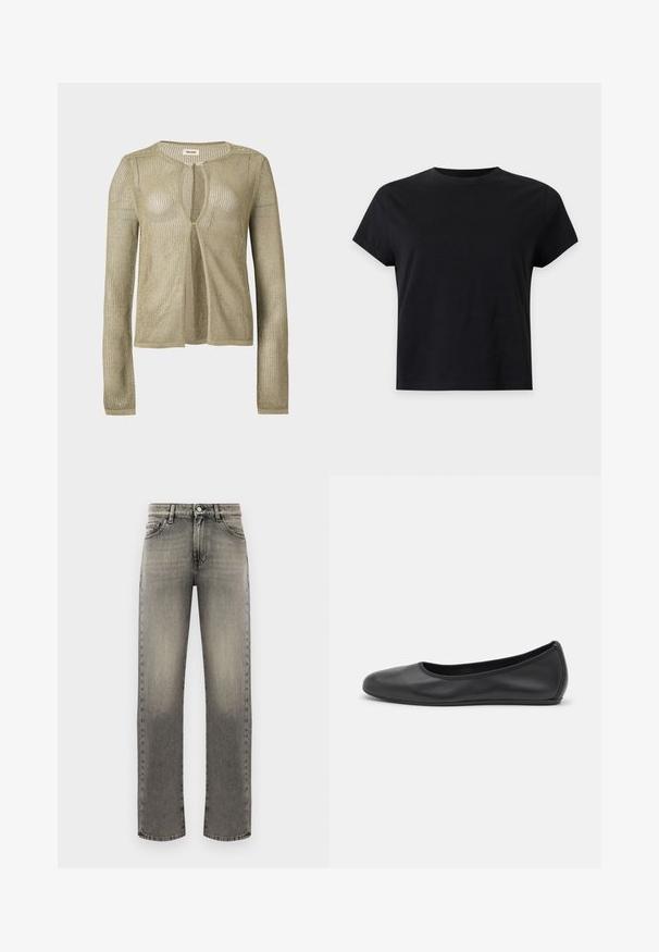Langærmet, åben foran, beige strikket cardigan med løs, netlignende vævning og rund halsudskæring på en ensfarvet baggrund.; Enkel sort t-shirt med korte ærmer og rund hals samt lige snit, vist på en lysegrå baggrund.; Grå denimjeans med lige ben, der har et falmet mønster, fem lommer og stikninger langs sømme og talje.; Sort læderballetsko med rund tå, glat tekstur, minimal syning og et fleksibelt såldesign.