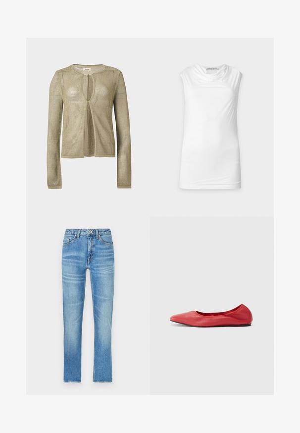 Cárdigan de punto beige, de manga larga y abertura frontal, con tejido suelto tipo malla y escote redondo sobre un fondo liso.; Top blanco sin mangas con escote drapeado, hecho de tela suave, con etiqueta Tiger of Sweden sobre fondo liso.; Jeans de denim azul claro con corte recto, que cuentan con bolsillos frontales, cierre de botón y un ligero desgaste en la tela.; Filippa K REY FLATS - Bailarinas - bright red