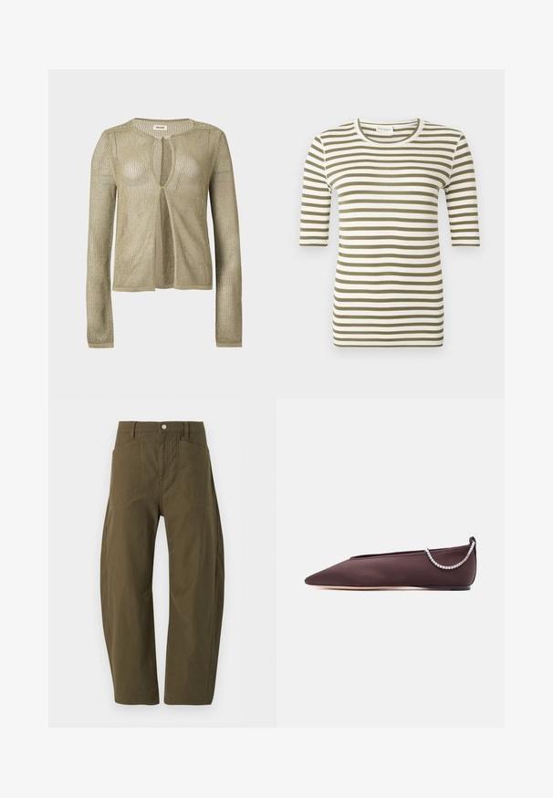 Cardigan beige en maille, manches longues, ouverture devant, avec un tissage léger en forme de filet et un col rond sur fond uni.; Chemise à manches courtes avec des rayures horizontales vert olive et blanches et un col rond sur un fond uni.; Pantalon taille haute vert olive à jambes larges, avec poches avant, passants pour ceinture et fermeture par bouton à la taille.; Chaussure plate marron foncé à bout pointu avec un petit talon et un détail chaîne en strass argentée à l'arrière.