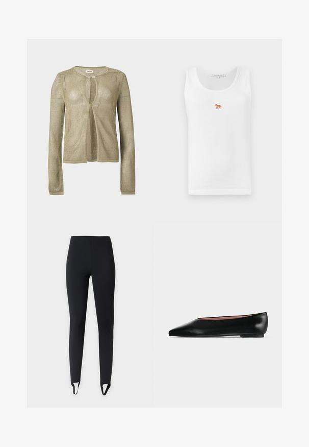 Cardigan beige en maille, manches longues, ouverture devant, avec un tissage léger en forme de filet et un col rond sur fond uni.; Débardeur blanc à texture côtelée, orné d'un design de renard brodé en orange et brun sur la poitrine gauche.; Leggings noirs slim fit avec brides étriers aux chevilles, présentés sur un fond clair uni.; Chaussure plate en cuir noir pour femme, avec bout pointu et petit talon, vue de côté sur un fond gris clair uni.