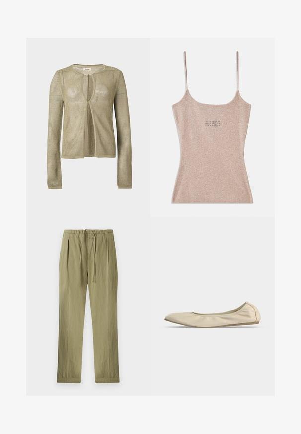 Langærmet, åben foran, beige strikket cardigan med løs, netlignende vævning og rund halsudskæring på en ensfarvet baggrund.; Ribbet, beige top med tynde justerbare stropper. Har en firkantet udskæring og en lille trykt detalje nær midten.; Lyse olivengrønne bukser lavet af bomuld, med elastisk talje, plisseringer og lige ben. Blød tekstur med minimale detaljer.; Beige blødt læder balletsko med rundet tå, lavt snit i siden og tynd gummisål på en ensartet hvid baggrund.
