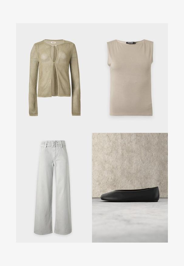 Cardigan beige en maille, manches longues, ouverture devant, avec un tissage léger en forme de filet et un col rond sur fond uni.; Haut beige en coton sans manches avec larges bretelles et col rond, taille moyenne, posé à plat sur fond blanc.; Jean gris clair taille haute à jambes larges, avec poches avant, passants de ceinture et ceinture en tissu assortie avec boucle.; Ballerine en cuir noir avec un bout arrondi, texture lisse et un accent logo doré sur le côté. Placée au-dessus d'une surface réfléchissante.