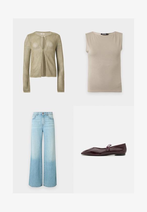 Cardigan beige en maille, manches longues, ouverture devant, avec un tissage léger en forme de filet et un col rond sur fond uni.; Haut beige en coton sans manches avec larges bretelles et col rond, taille moyenne, posé à plat sur fond blanc.; Jean large en denim bleu clair, avec un lavage délavé, une taille haute, des poches avant et une fermeture à un bouton.; Ballerines en cuir verni bordeaux avec un bout pointu et un nœud décoratif violet sur le cou-de-pied ; design à semelle plate.