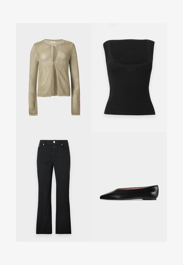 Cardigan beige en maille, manches longues, ouverture devant, avec un tissage léger en forme de filet et un col rond sur fond uni.; Haut noir ajusté sans manches avec un large décolleté carré et un tissu lisse, présenté sur un fond clair uni.; Jean noir à jambe droite avec poches avant, passants pour ceinture et fermeture métallique par bouton à la taille.; Chaussure plate en cuir noir pour femme, avec bout pointu et petit talon, vue de côté sur un fond gris clair uni.