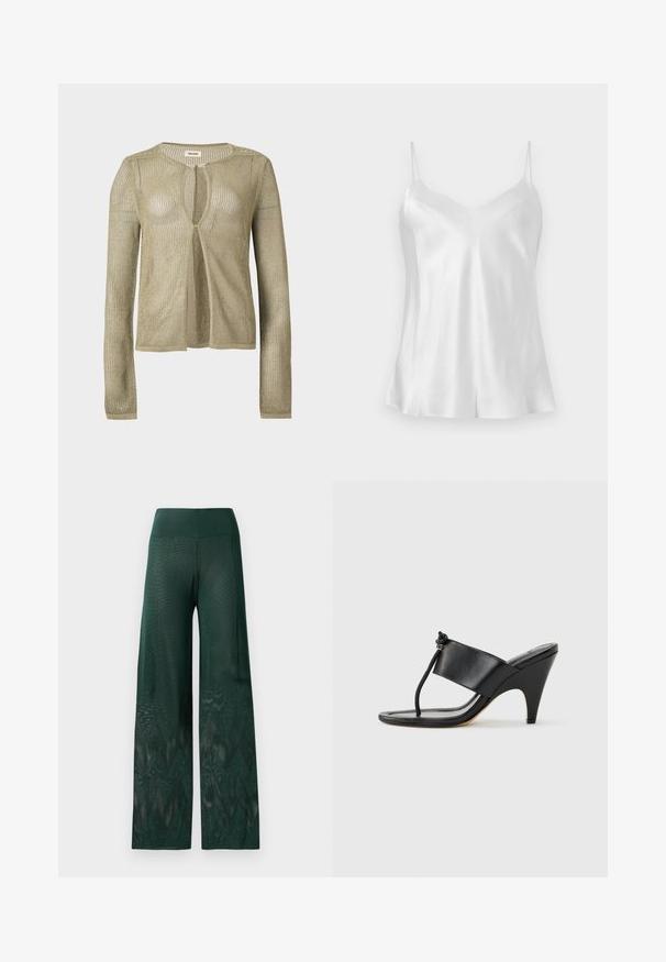 Cardigan beige en maille, manches longues, ouverture devant, avec un tissage léger en forme de filet et un col rond sur fond uni.; Haut camisole en satin blanc avec fines bretelles spaghetti et décolleté en V, présenté à plat sur un fond neutre.; Pantalons larges verts en maille légère avec un motif en zigzag au niveau de l'ourlet. Présente une taille lisse pour plus de confort.; Sandale noire à talon haut avec une large bride avant et une boucle d'orteil dotée d'un détail de corde nouée, vue de profil sur fond blanc.