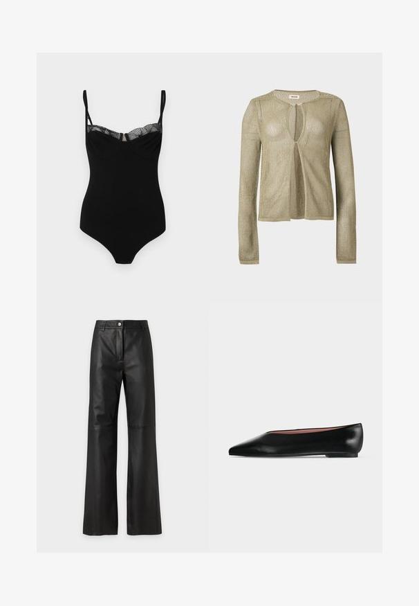 Cardigan beige en maille, manches longues, ouverture devant, avec un tissage léger en forme de filet et un col rond sur fond uni.; Bodysuit noir avec bretelles réglables, présentant une bordure en dentelle le long de l'encolure, une texture sans couture et une coupe ajustée.; Pantalon noir taille haute en simili cuir avec jambes larges, fermeture bouton et zip, et passants pour ceinture sur un fond clair uni.; Chaussure plate en cuir noir pour femme, avec bout pointu et petit talon, vue de côté sur un fond gris clair uni.