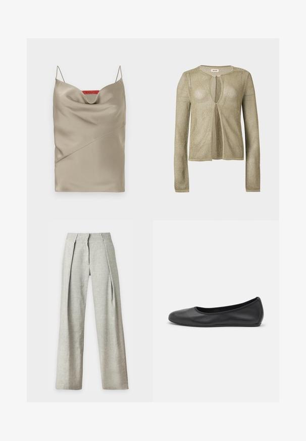 Cardigan beige en maille, manches longues, ouverture devant, avec un tissage léger en forme de filet et un col rond sur fond uni.; Camisole en satin de couleur taupe clair avec un décolleté drapé, des bretelles fines et ajustables, et des détails de couture diagonaux. Étiquette de marque en rouge à l'arrière.; Pantalon large taille haute en lin gris clair avec plis devant et fermeture éclair dissimulée, présenté sur fond blanc.; Ballerines en cuir noir avec un bout rond, texture lisse, détails de couture minimalistes et design de semelle flexible.
