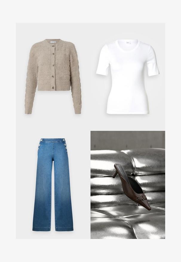 Cardigan beige texturé avec un col rond, une fermeture à boutons sur le devant et un ourlet côtelé. Dispose d'un tissu confortable et pelucheux ainsi que de longues manches.; T-shirt blanc à manches courtes en coton lisse, doté d'un col rond et d'une coupe ajustée. Design classique, sans motifs ni accents.; Pantalons en denim bleu à jambes larges, avec une taille haute, des accents à boutons sur les côtés, et un ourlet net. Le tissu a une texture lisse avec un léger délavage.; Mule à talon brun à bout pointu avec détail boucle flottant au-dessus d'une surface en cuir argenté capitonnée brillante.