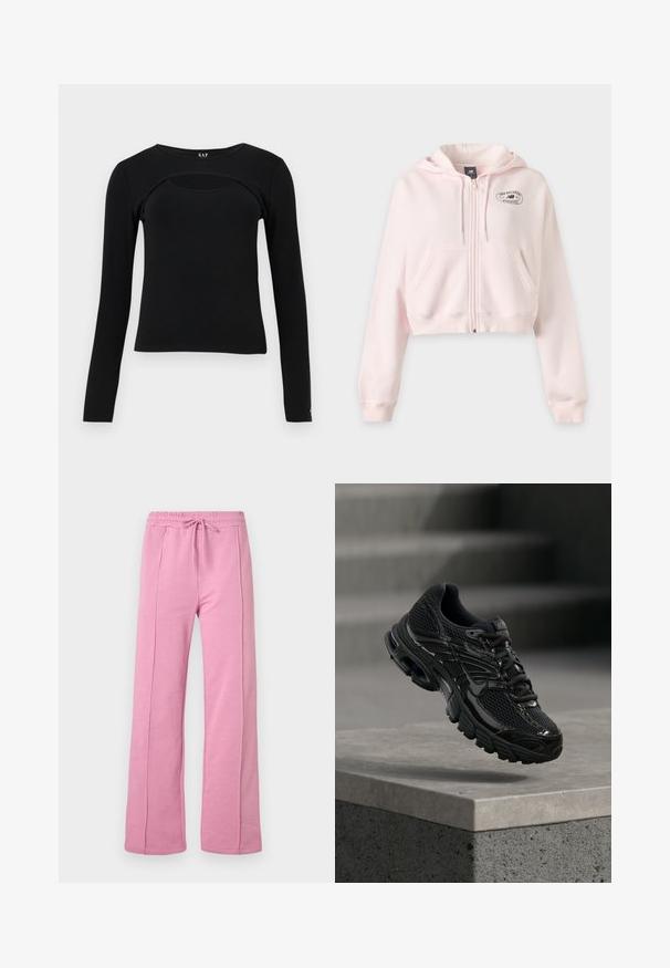 Sweat à capuche zippé rose clair avec cordons, poches avant et petit logo noir New Balance Athletics sur le côté gauche de la poitrine.; Haut noir à manches longues ajusté avec un col rond et une découpe incurvée sur la partie supérieure de la poitrine, étiquette GAP à l'intérieur du col.; Pantalon de survêtement large rose avec coutures avant, taille élastique et cordon de serrage, présenté sur un fond blanc uni.; Chaussure de course noire Nike avec tige en mesh et synthétique flottant au-dessus d'une surface en béton avec des marches en arrière-plan.