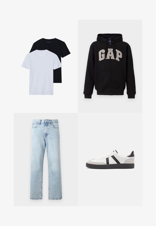 Sweat à capuche noir zippé avec poches avant et lettrage "GAP" beige sur la poitrine, doté d'une capuche à cordon de serrage.; Deux t-shirts à manches courtes et col rond, un noir et un blanc, fabriqués en coton doux avec une texture côtelée. Design à coupe classique.; Jean en denim bleu clair taille haute à jambes droites avec poches avant, fermeture par boutons et passants de ceinture sur fond uni.; Baskets blanches avec des accents noirs et gris, présentant un embout texturé gris, une semelle en caoutchouc noir et des lacets plats blancs. Design épuré, style minimaliste.