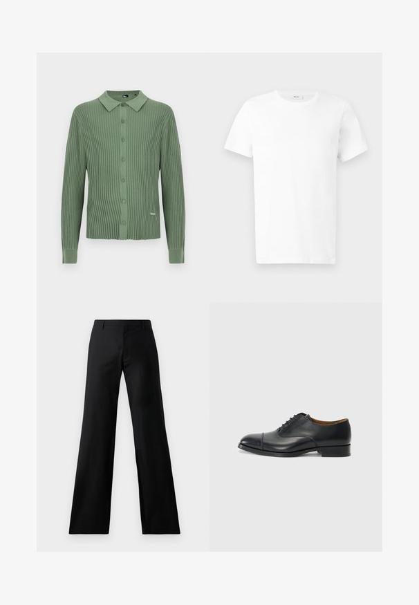Groene geribde gebreide cardigan met lange mouwen, kraag en knoopsluiting aan de voorkant, voorzien van een klein metalen merkembleem vlak bij de zoom.; Effen wit katoenen T-shirt met korte mouwen en ronde hals, plat neergelegd op een lichtgrijze achtergrond.; Zwarte wijde broek gemaakt van een gladde stof. Heeft een middelhoge tailleband en plooien aan de voorkant, wat zorgt voor een getailleerd silhouet.; Zwarte leren dress shoe met een gladde afwerking, ronde neus, vijf gaten voor veters, en een lage blokhak. Minimalistisch ontwerp met subtiele stiksels.