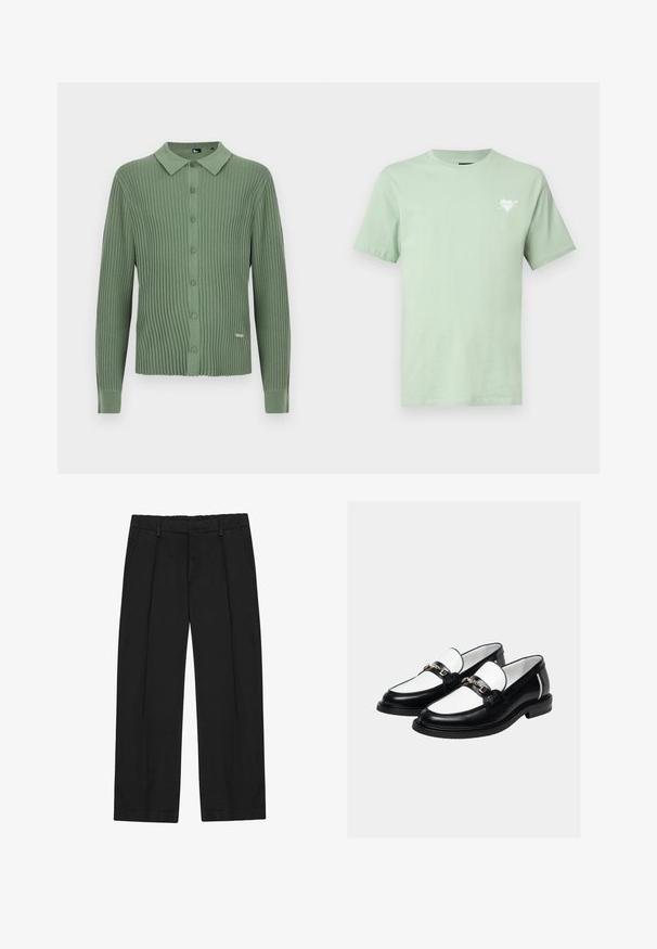 Grøn ribstrikket langærmet cardigan med krave og knaplukning foran, med en lille metal brandetiket nær kanten.; Lysegrøn T-shirt med rund hals, korte ærmer og lille hvidt hjerte-logo med pil på venstre bryst.; Sorte bukser med lige ben, der har læg, sidelommer og en flad linning. Fremstillet af glat stof med en mat finish.; Par sorte og hvide læder loafers med guldkæde på toppen, sat mod en ensartet lys baggrund.