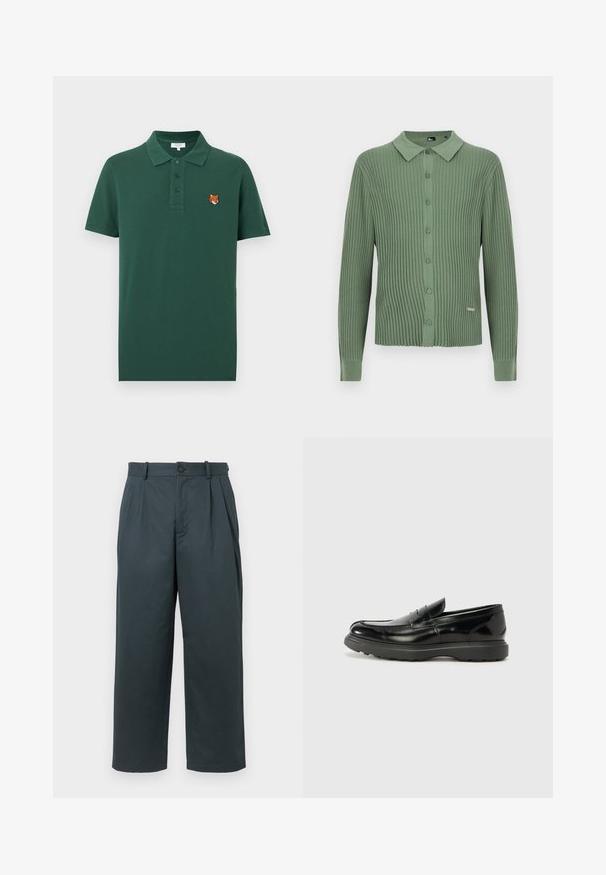 Cardigan vert en maille côtelée à manches longues avec col et fermeture à boutons sur le devant, avec une petite étiquette de marque en métal près de l'ourlet.; Polo vert foncé à manches courtes avec trois boutons et une petite tête de renard brodée sur le côté gauche de la poitrine.; Pantalons larges en vert foncé fabriqués en tissu léger et doux. Avec des plis à l'avant, une fermeture à bouton et des passants de ceinture. Design ajusté.; Mocassin en cuir noir avec une finition brillante, bout arrondi, détails de couture subtils et semelle en caoutchouc épaisse pour la durabilité.