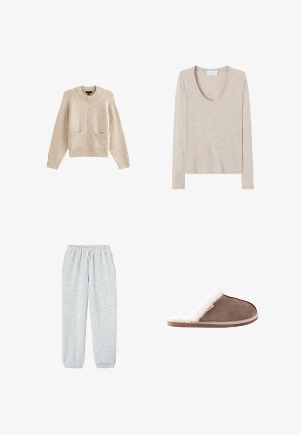 Beige strikket cardigan med rund halsudskæring, frontknapper, to lommer og ribbestrikkede manchetter. Blød tekstur med et afslappet pasform design.; Beige langærmet let strikket top med rund hals og lige kant, vist fladt på en hvid baggrund.; Grå sweatpants lavet af blødt stof, med en elastisk talje med snor og elastiske manchetter ved anklerne.; Brun slip-on hjemmesko i ruskind med tyk hvid fleeceforing og sål, designet til indendørs komfort og varme.