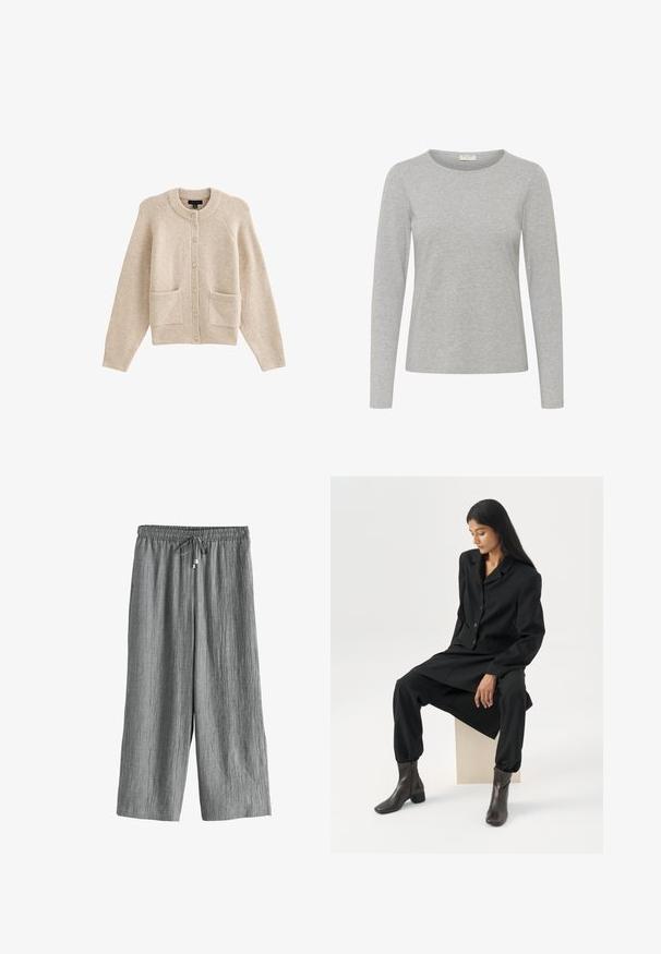 Beige gebreide cardigan met een ronde hals, knopen aan de voorkant, twee zakken en geribbelde manchetten. Zachte textuur met een ontspannen pasvorm.; Grijze langekous T-shirt gemaakt van zachte, lichte stof. Heeft een ronde halslijn en een ontspannen pasvorm zonder zichtbare patronen of accenten.; Grijze wijde broek van textuur stof, met een elastische tailleband met een koord en lichte plooien overal.; Vrouw met lang donker haar zittend, draag een losse zwarte blazer, bijpassende wijde broek en donkere enkellaarsjes tegen een effen witte achtergrond.