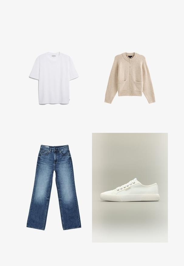 Beige strikket cardigan med rund halsudskæring, frontknapper, to lommer og ribbestrikkede manchetter. Blød tekstur med et afslappet pasform design.; Hvid bomulds t-shirt med korte ærmer, rund halsudskæring og en afslappet pasform. Ingen synlige mønstre eller logoer. Glat tekstur.; Blå denimjeans med falmet vask på lårene, lige bred ben-snit, foran med knap, lynlås og fem-lomme-stil.; Hvid lavtopet lærreds-sneaker med tekstureret gummisål, hvide snørebånd og lille Calvin Klein-mærke på siden.