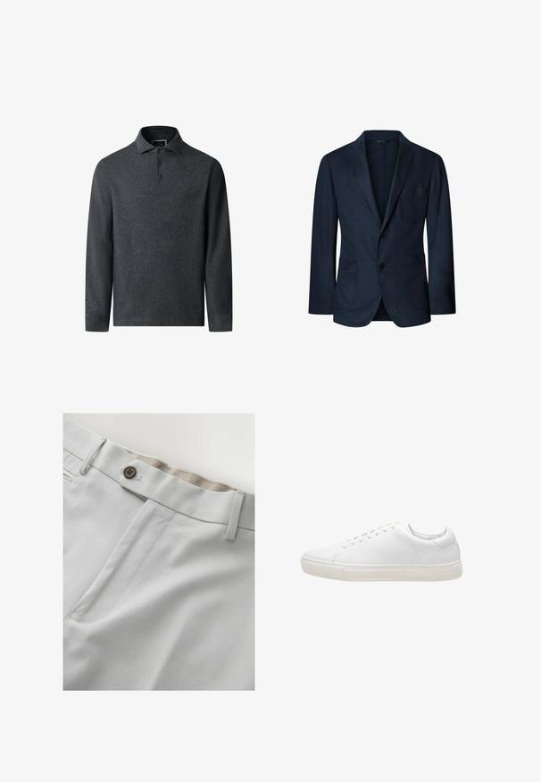 Mørkeblå herreblazer med to-knaps lukning, hakkede revers og tre forlommer, vist mod en hvid baggrund.; Mørkegrå langærmet polo skjorte med struktureret stof, krave og tre-knaps placket. Har en lige kant og diskret syning.; Lysegrå bukser med en brun knap, bæltestropper og en synlig detalje på frontlommen på en ensfarvet baggrund.; Hvide lædersneakers med en glat overflade, rund tå, snørebåndslukning og flad gummisål. Minimalistisk design uden synlige mønstre.
