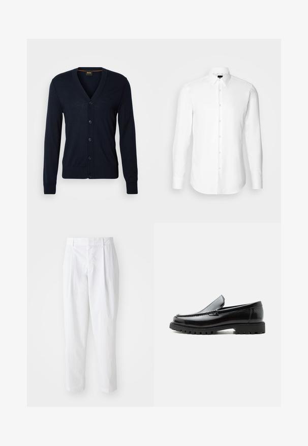 Cardigan en laine marine avec col en V, cinq boutons, poignets et ourlet côtes, logo subtil sur la poitrine, texture douce, coupe standard.; Chemise blanche à manches longues, boutonnée sur le devant, col classique, fabriquée en tissu lisse avec une texture subtile, conçue pour une coupe ajustée.; Pantalons plissés blancs à taille haute et longueur cropped, avec une texture lisse et des lignes épurées. Pas de matériel visible ni de motifs.; Mocassin en cuir noir avec semelle en caoutchouc épaisse, dessus cousu et nom de marque embossé sur le talon, présenté de profil sur fond blanc.